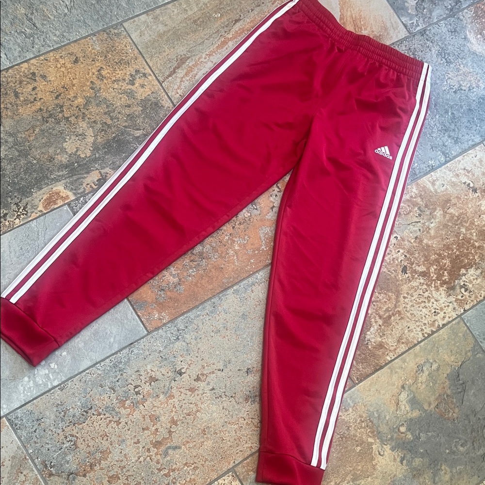 Adidas Kids Red Joggers with White Stripes